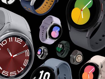 A selection of Samsung Galaxy Watches floating in the air.