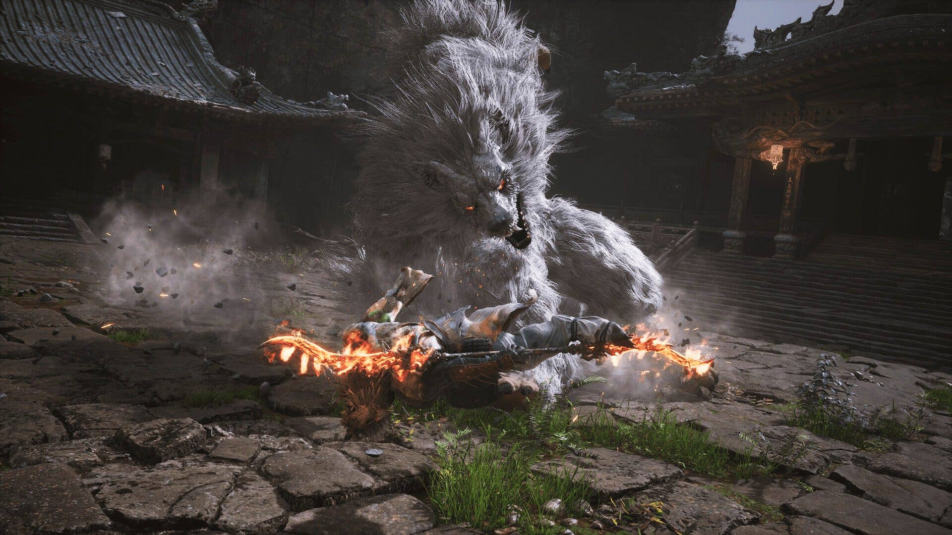 A fierce battle scene with a large, mythical wolf confronting a warrior wielding a flaming weapon in a temple setting.