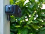 A Blink Arc security camera mounted on a wooden post, surrounded by lush green foliage.