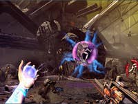 A character uses a glowing orb while a monster attacks in a post-apocalyptic environment.