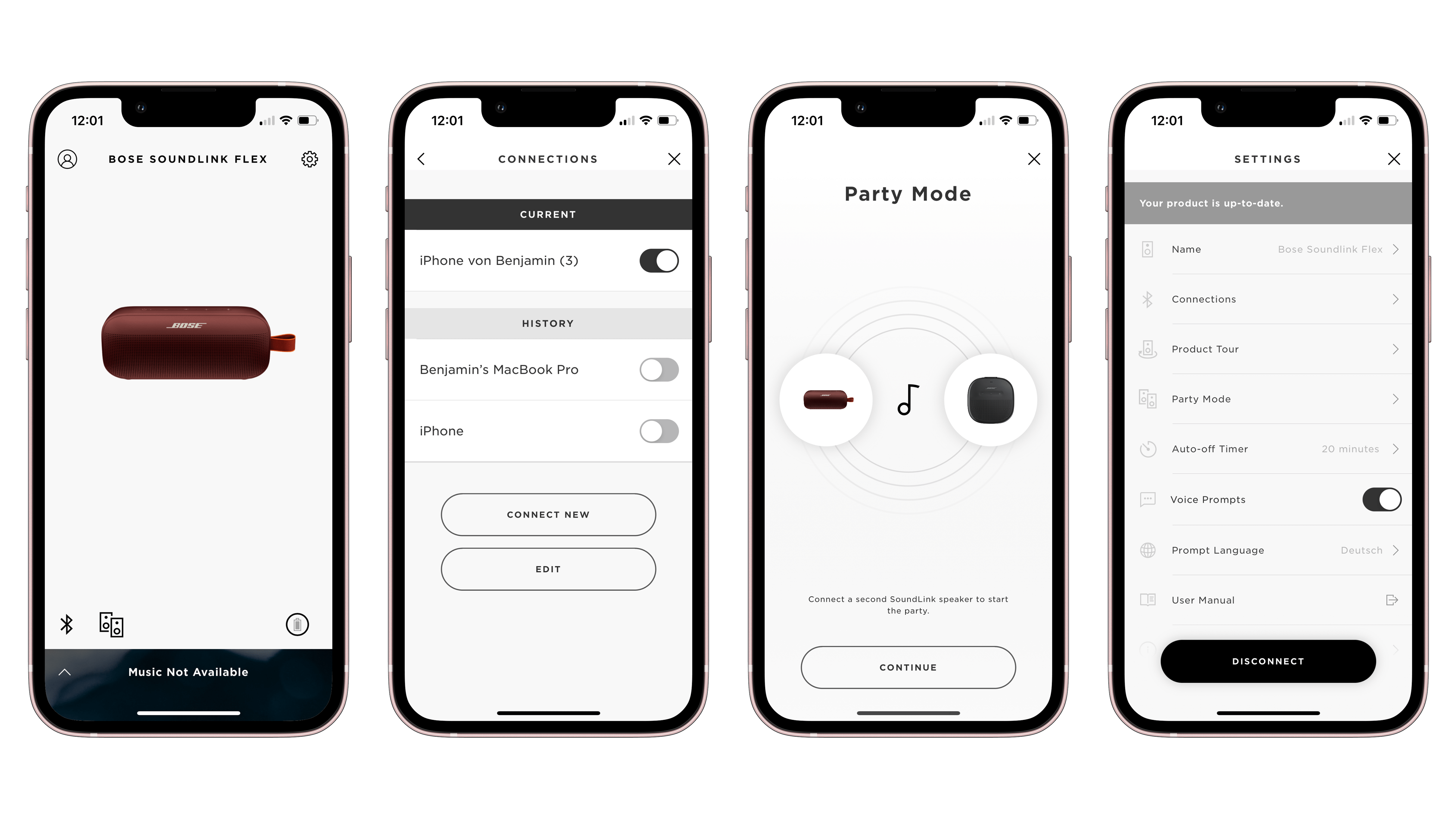 The Bose Connect App UI Screenshots.