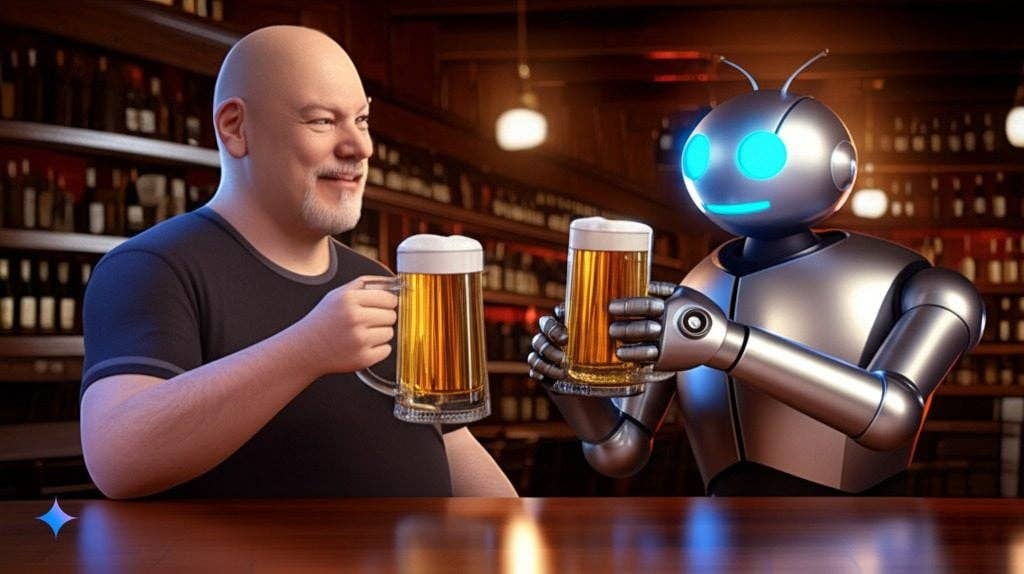 A bald man and a robot clink beer mugs in a bar.