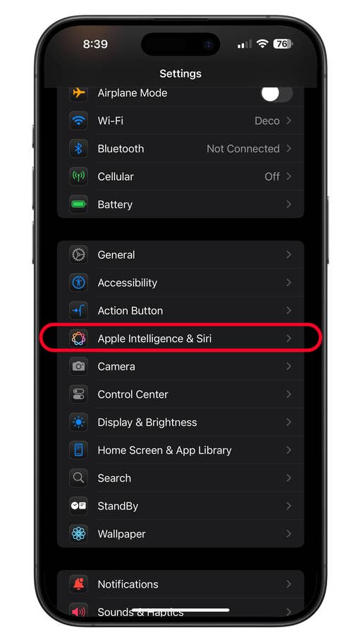 A smartphone displaying the Settings menu with u0027Apple Intelligence u0026 Siriu0027 highlighted.