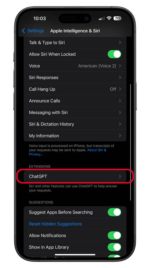 Settings menu on an iPhone displaying u0027ChatGPTu0027 under u0027Extensionsu0027.