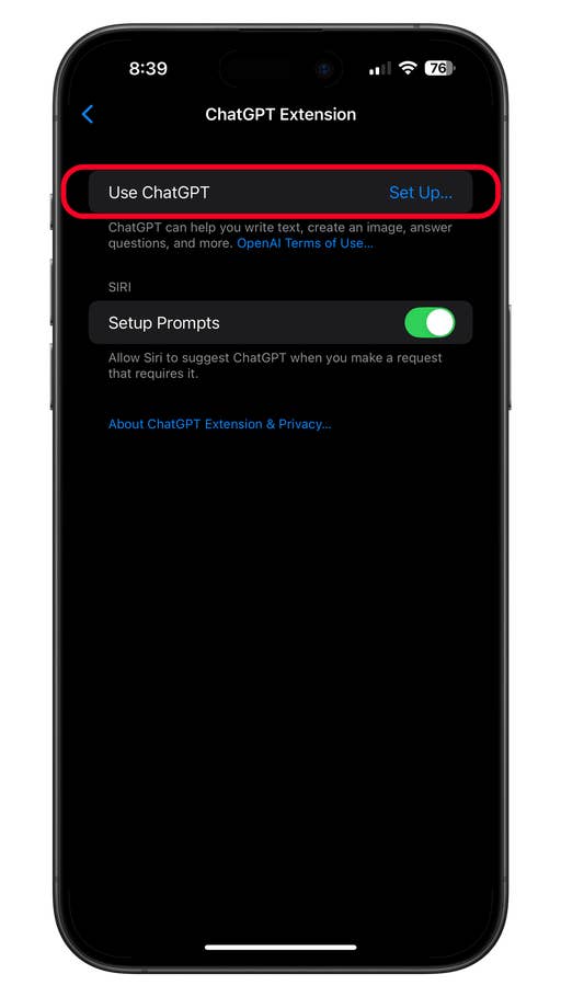 ChatGPT Extension settings on a smartphone with u0027Use ChatGPTu0027 and u0027Setup Promptsu0027 options.