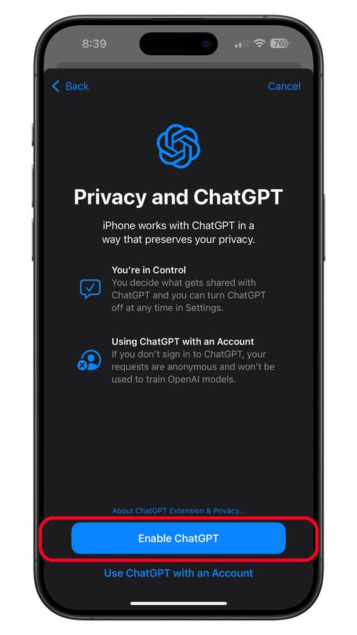 Privacy settings for ChatGPT on an iPhone with an u0027Enable ChatGPTu0027 button.