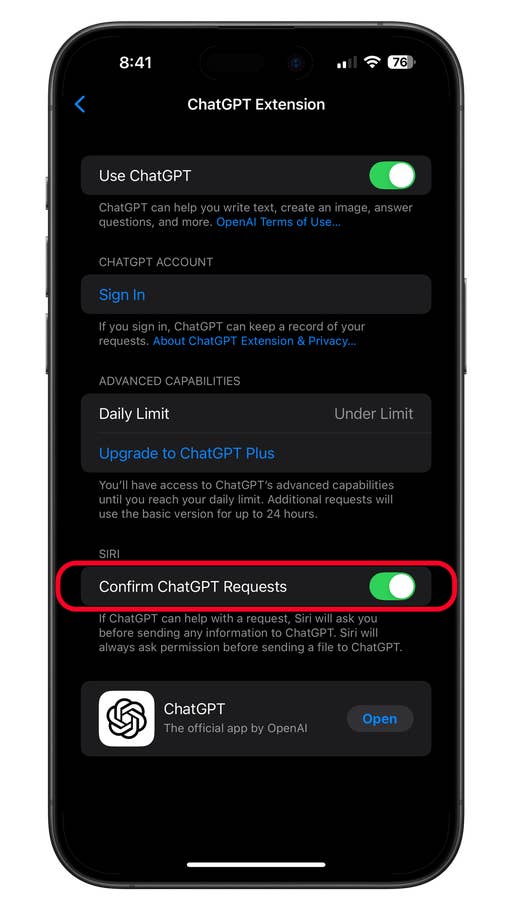 ChatGPT Extension settings on a smartphone, featuring options for using ChatGPT and confirming Siri requests.