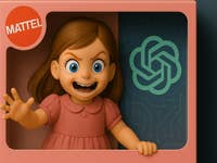 A toy doll with brown hair and blue eyes, wearing a pink dress, in a box labeled 'MATTEL'.