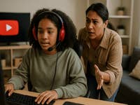 A child with headphones at a computer, while an adult gestures expressively in concern, with a YouTube logo in the background.