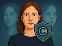 A woman with a protective copyright shield, overlaid by digital binary code and faint images of her face.