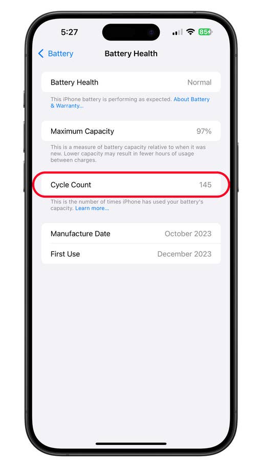 iPhone battery health screen showing 97% maximum capacity and cycle count of 145.