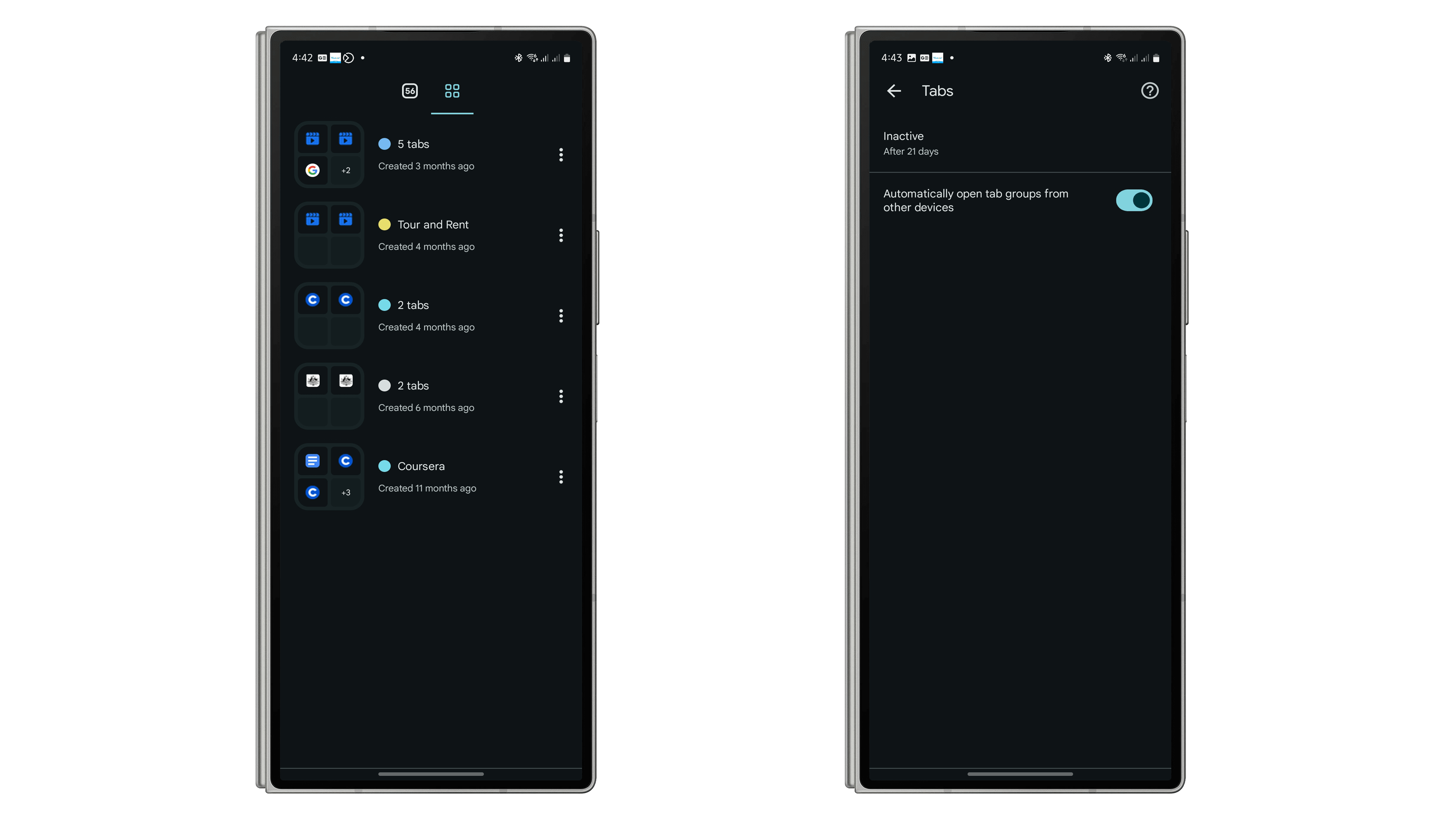 Two smartphone screens displaying Google tab management settings. Two smartphone screens displaying Google tab management settings.