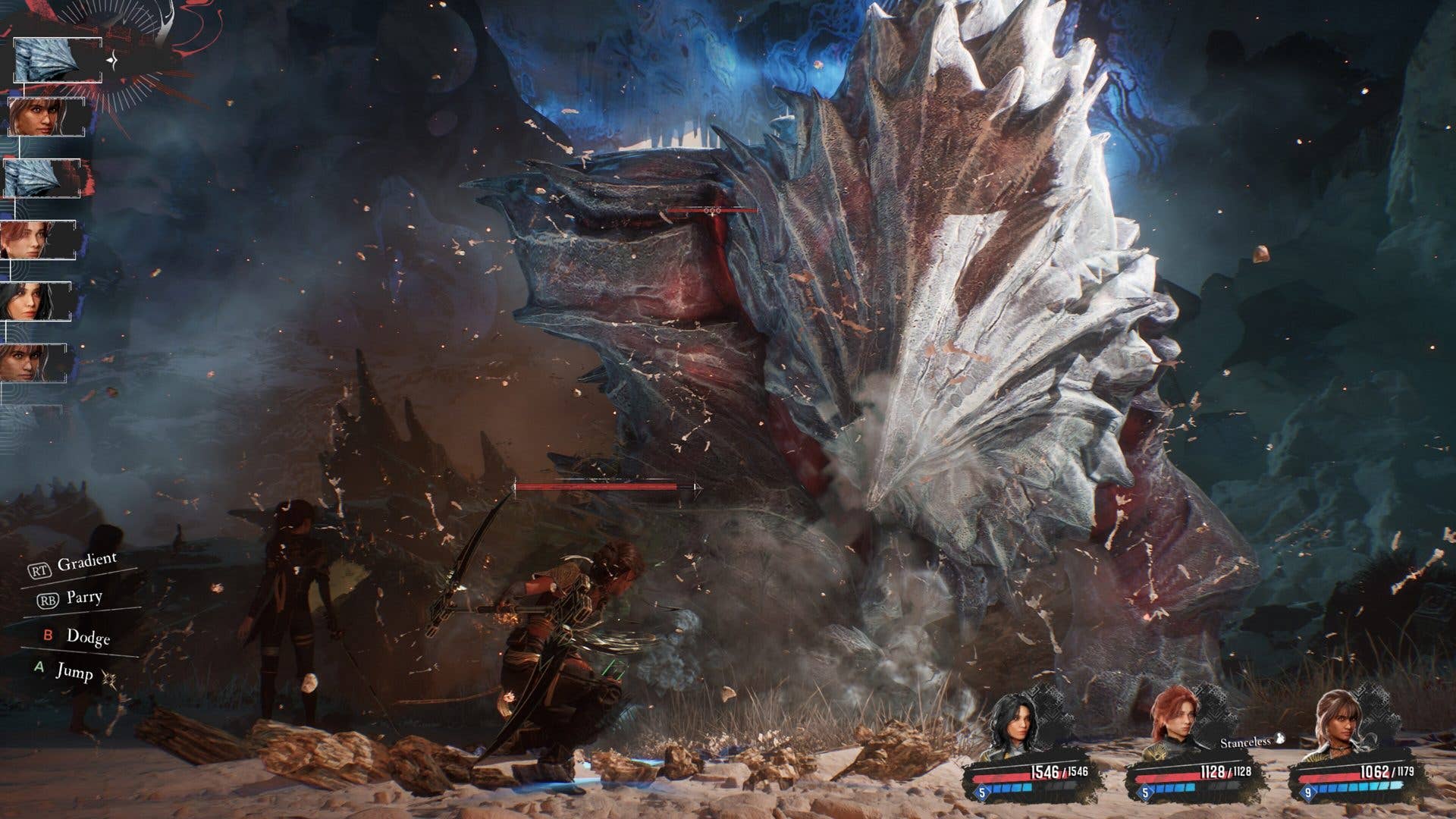 A battle scene with a large monster and three characters strategizing against it.