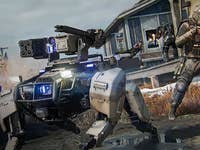 A robotic dog with weapons in a battle scene, while soldiers engage in combat near a building.