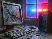 A broken computer and police lights.