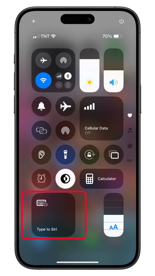 Control Center on an iPhone showing u0027Type to Siriu0027 option highlighted.