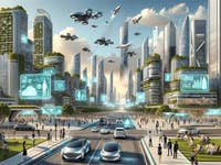 An image representing a glimpse into the year 2024, showcasing a futuristic cityscape with advanced technology and architecture, including flying cars, interconnected skyscrapers with green rooftops, and people interacting with holographic displays.