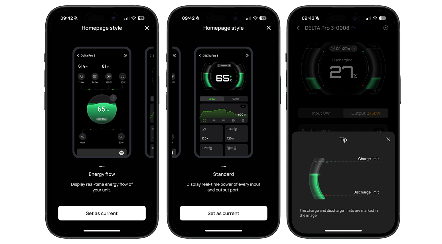 Screenshots of EcoFlow Delta Pro 3 app showing energy flow and usage metrics.