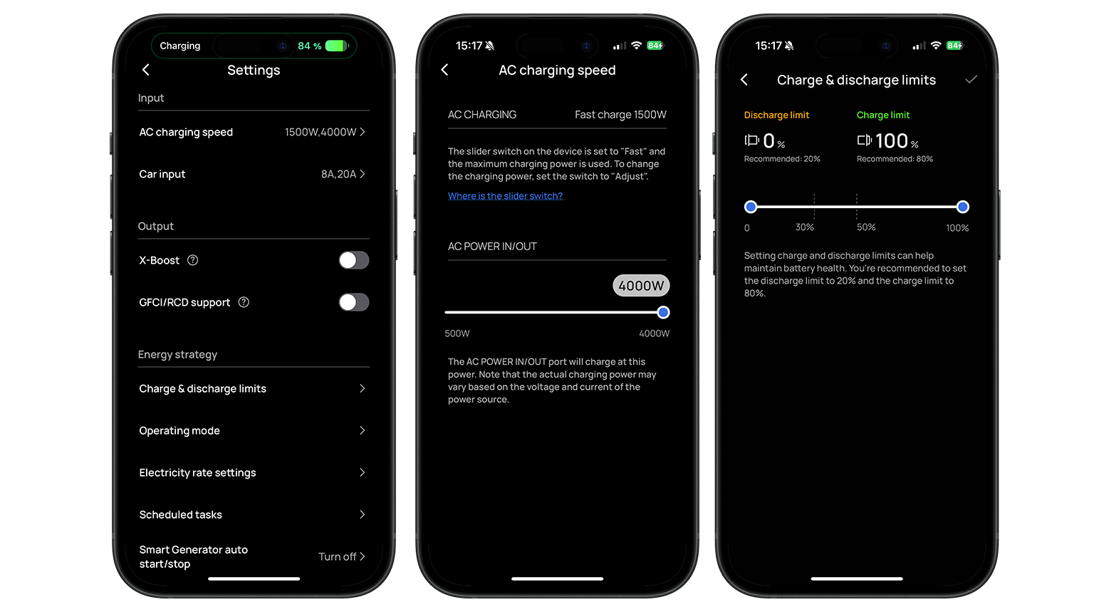 Settings interface for EcoFlow Delta Pro 3 showing charging speed and discharge limits.