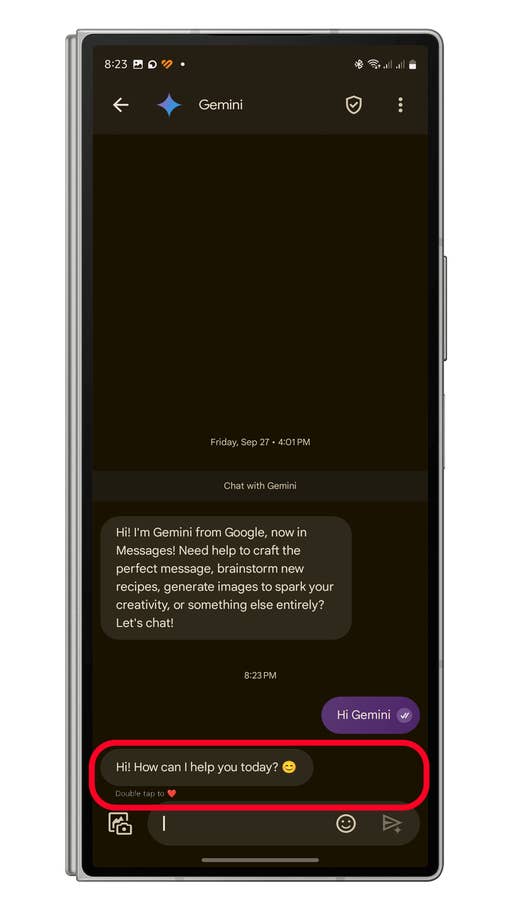 A mobile screen showing a chat with Gemini from Google Messages, asking how it can help today.