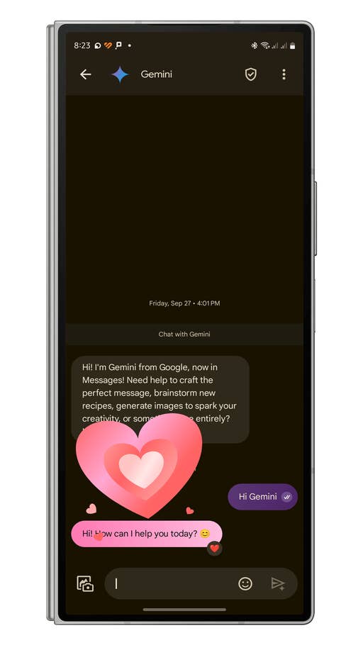 Google Messages interface showing a chat with Gemini, offering assistance with various tasks.