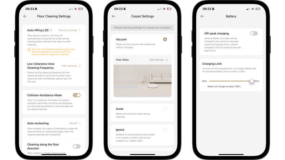 Three smartphone screens displaying settings for the Dreame Aqua10 Ultra Roller.