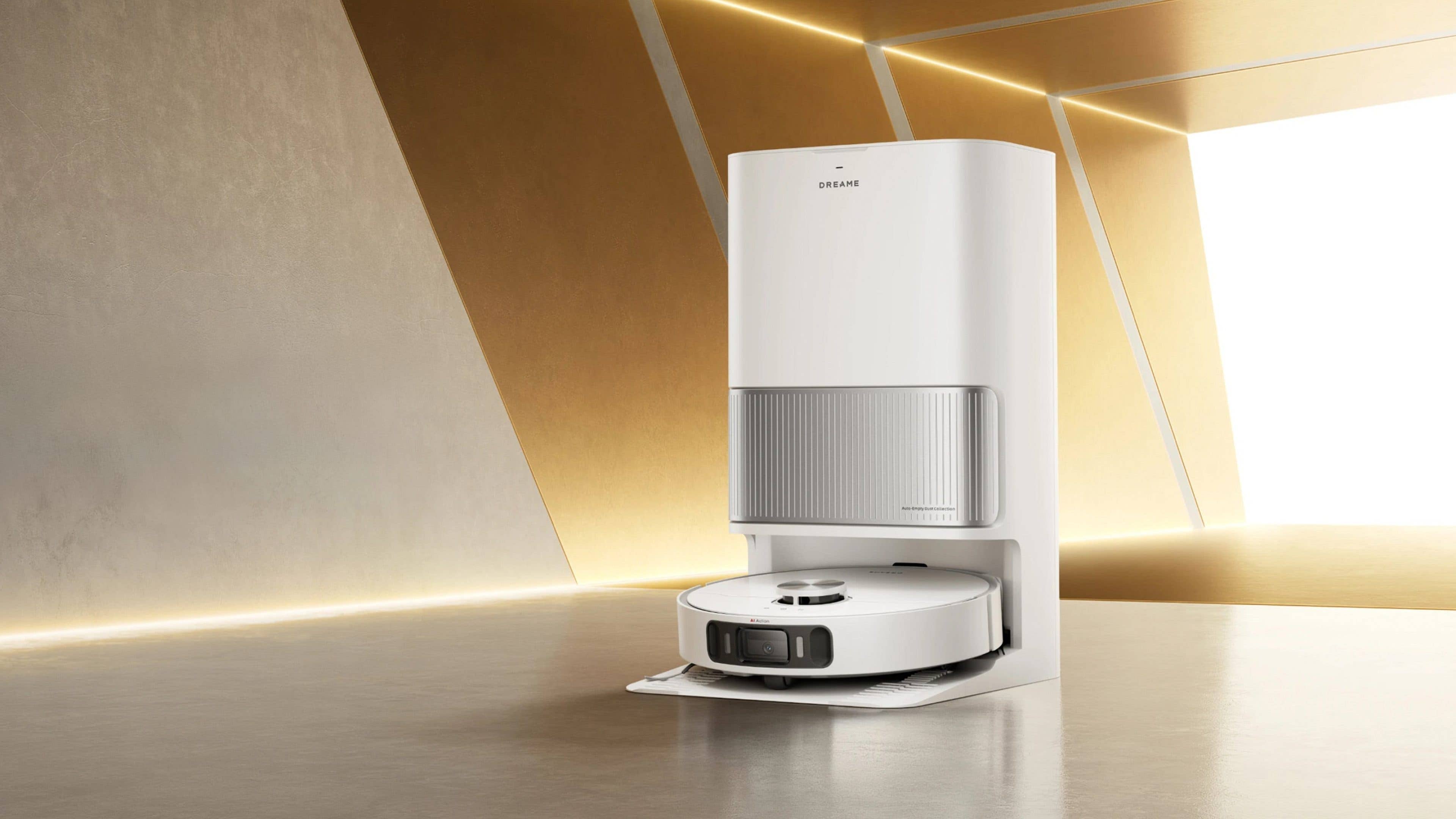 Dreame L40 Ultra AE robotic vacuum cleaner with a sleek white design and base station.