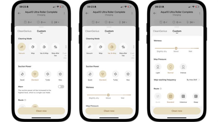 Three smartphone screens displaying the settings for the Dreame Aqua10 Roller Complete vacuum cleane