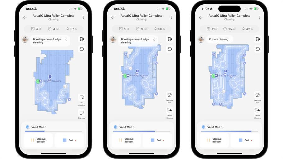 Screens showing the Aqua10 Ultra Roller Complete cleaning app with various maps and cleaning stats,