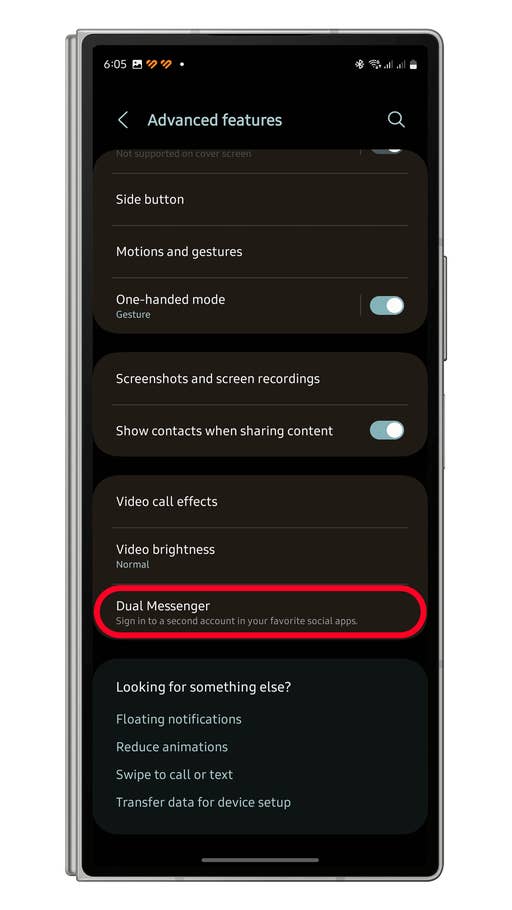 Settings screen showing u0027Dual Messengeru0027 feature for app cloning.