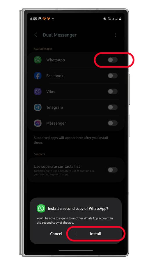 Settings screen for Dual Messenger, showing options to install a second copy of WhatsApp.