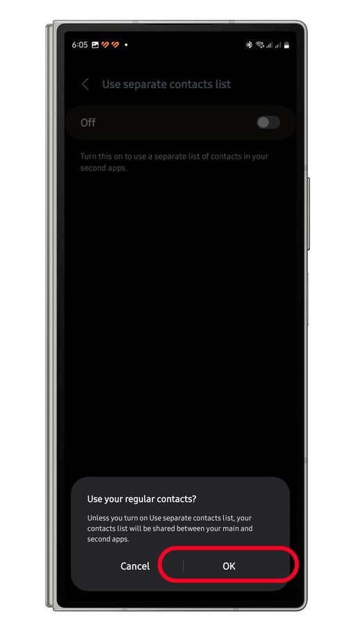 Settings screen for app cloning with option to use separate contacts list, showing u0027Offu0027 and buttons for u0027Cancelu0027 and u0027OKu0027.