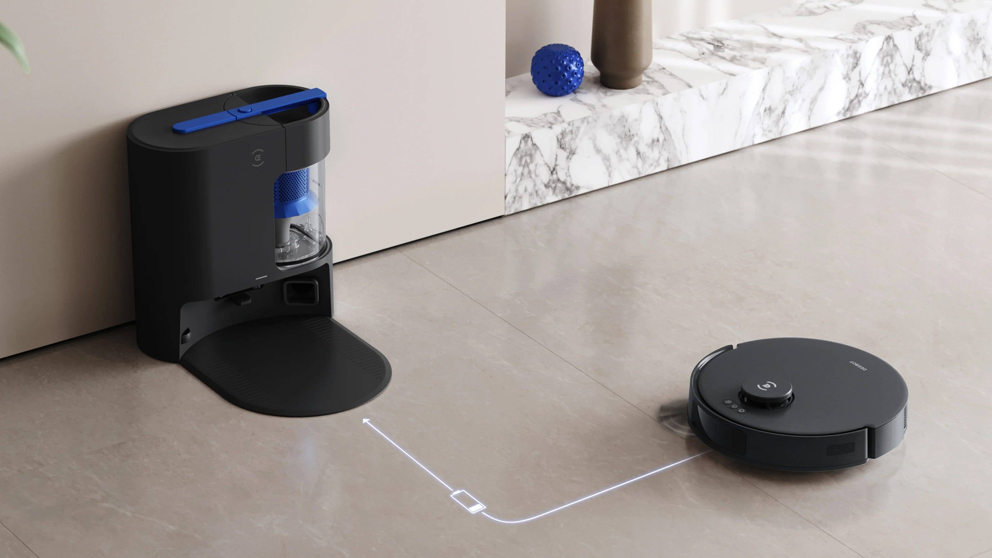 Ecovacs Deebot N20 Plus robot vacuum near its charging station on a tiled floor.