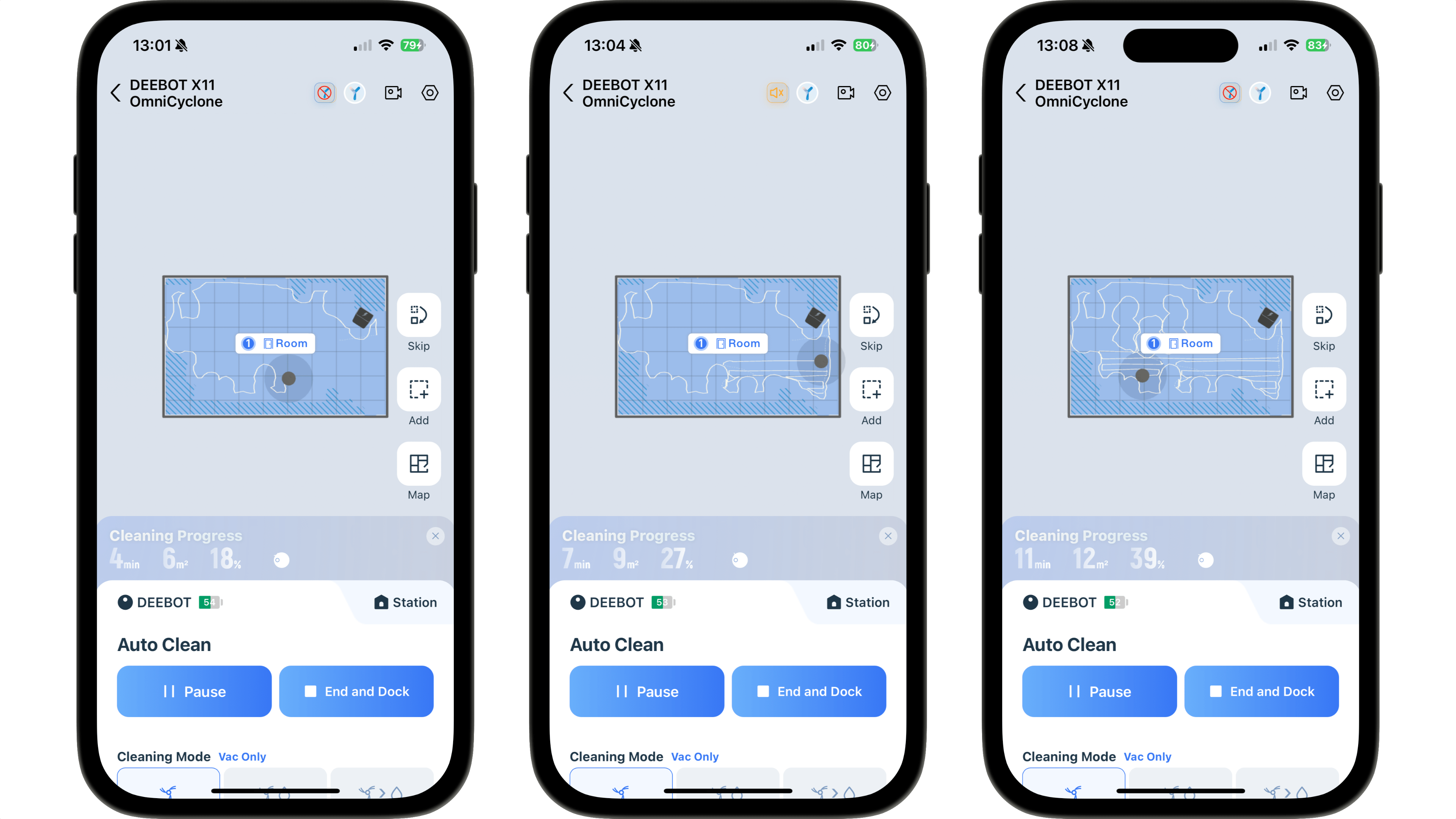 Three smartphone screens displaying the Ecovacs Deebot X11 OmniCyclone cleaning progress and map. Three smartphone screens displaying the Ecovacs Deebot X11 OmniCyclone cleaning progress and map.