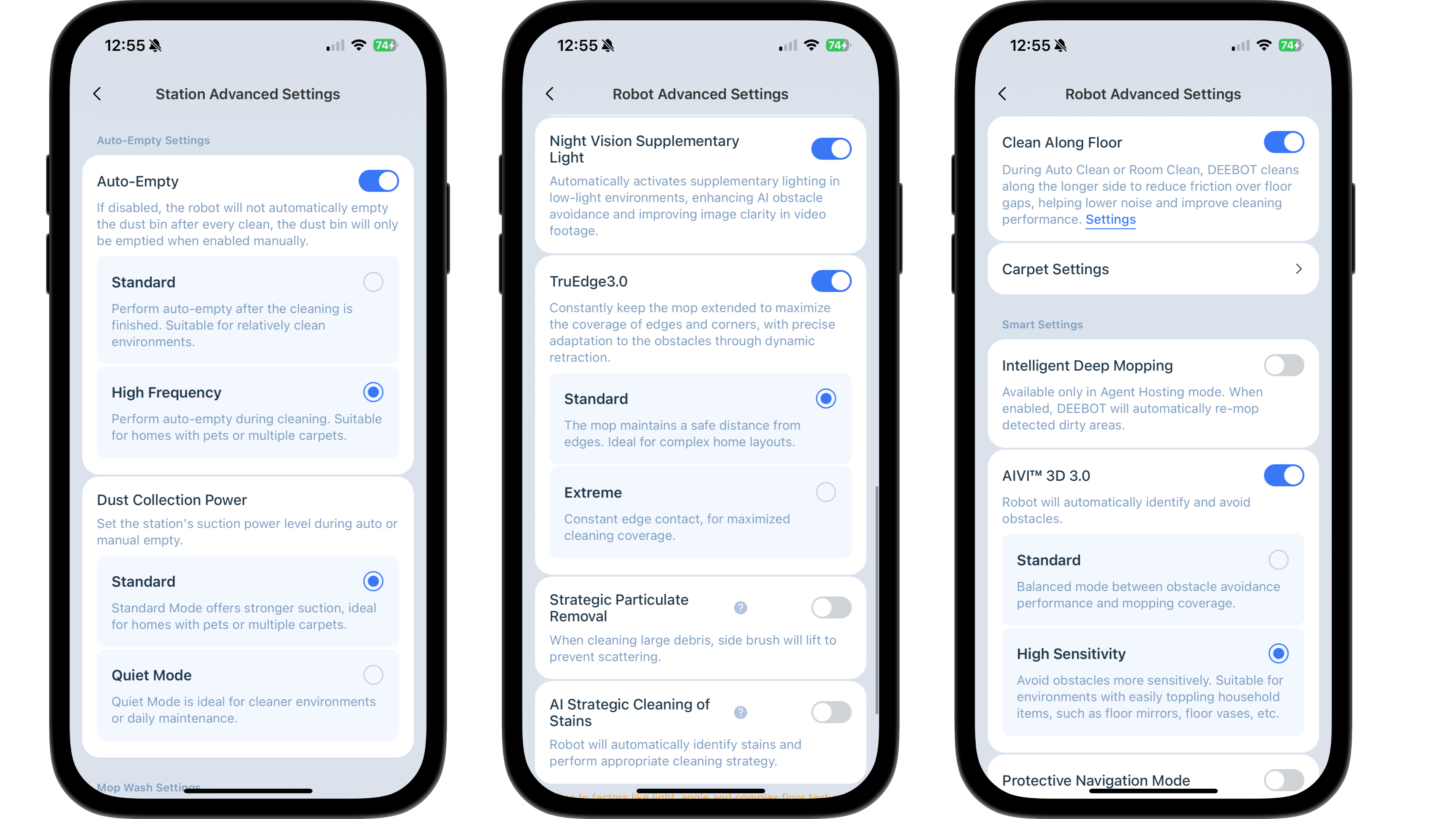 Three smartphone screens displaying advanced settings for the Ecovacs Deebot X11 OmniCyclone robot vacuum. Three smartphone screens displaying advanced settings for the Ecovacs Deebot X11 OmniCyclone robot vacuum.