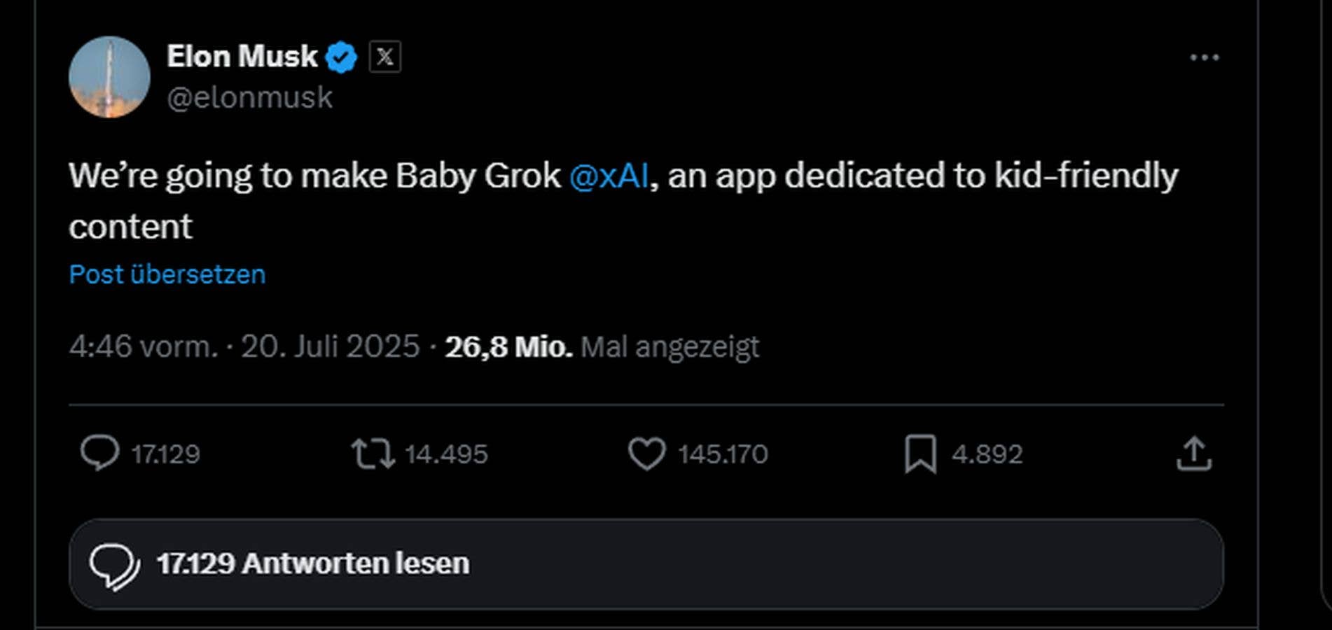 Elon Musk tweets about creating Baby Grok, an app for kid-friendly content.