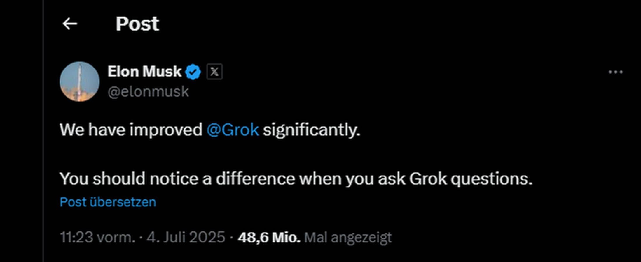 Tweet by Elon Musk about improvements to Grok, mentioning noticeable differences in responses.
