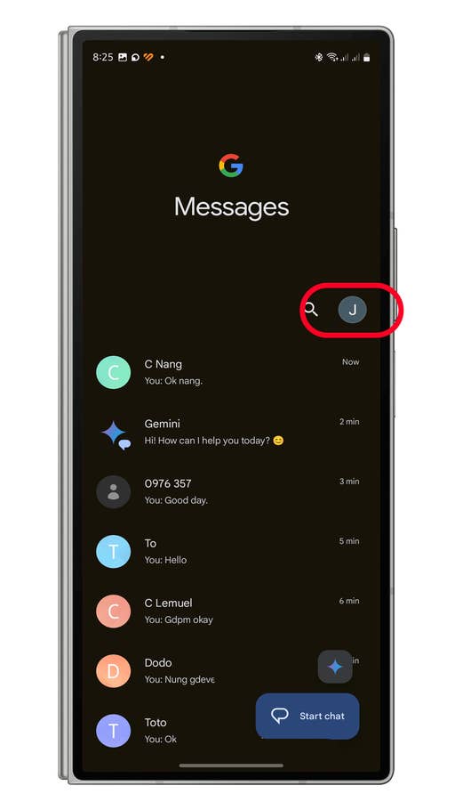 Google Messages app interface showing recent chats and a search icon.