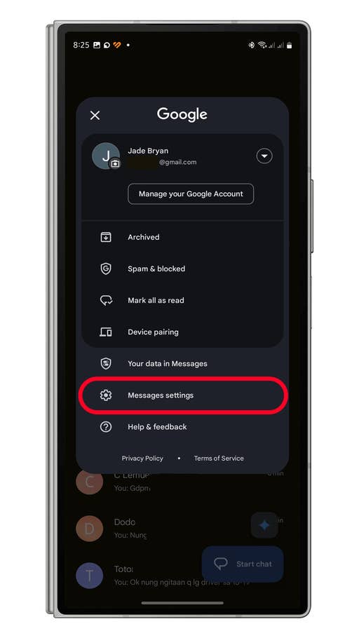 Google Messages settings menu showing options like Archive, Spam u0026 blocked, and Messages settings.