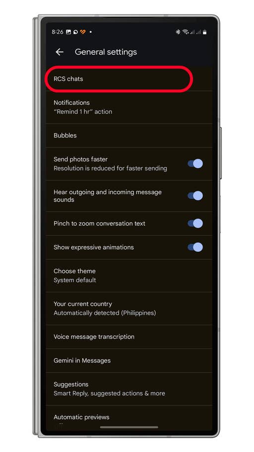 Settings screen of Google Messages featuring options for RCS chats and various chat settings.