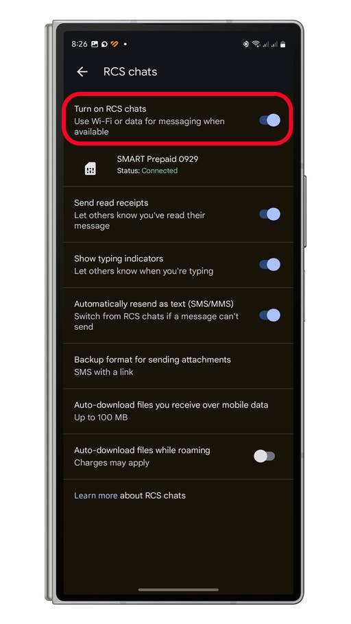 RCS chats settings on Google Messages app, including options for read receipts and auto-download files.