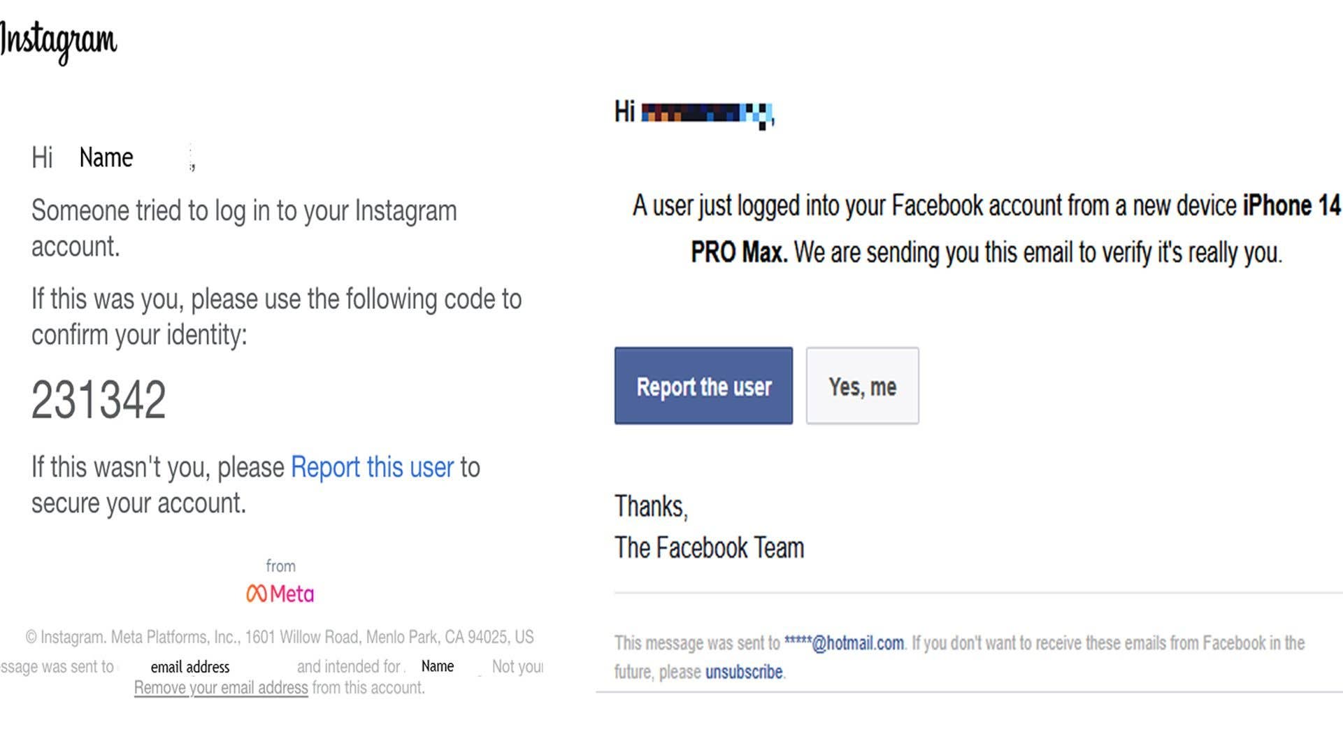 Email from Instagram notifying about a login attempt, with a confirmation code.