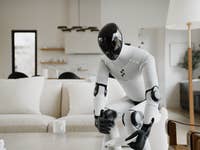 A humanoid robot interacting with a tablet in a modern living room.