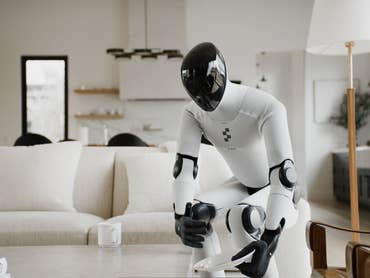A humanoid robot interacting with a tablet in a modern living room.