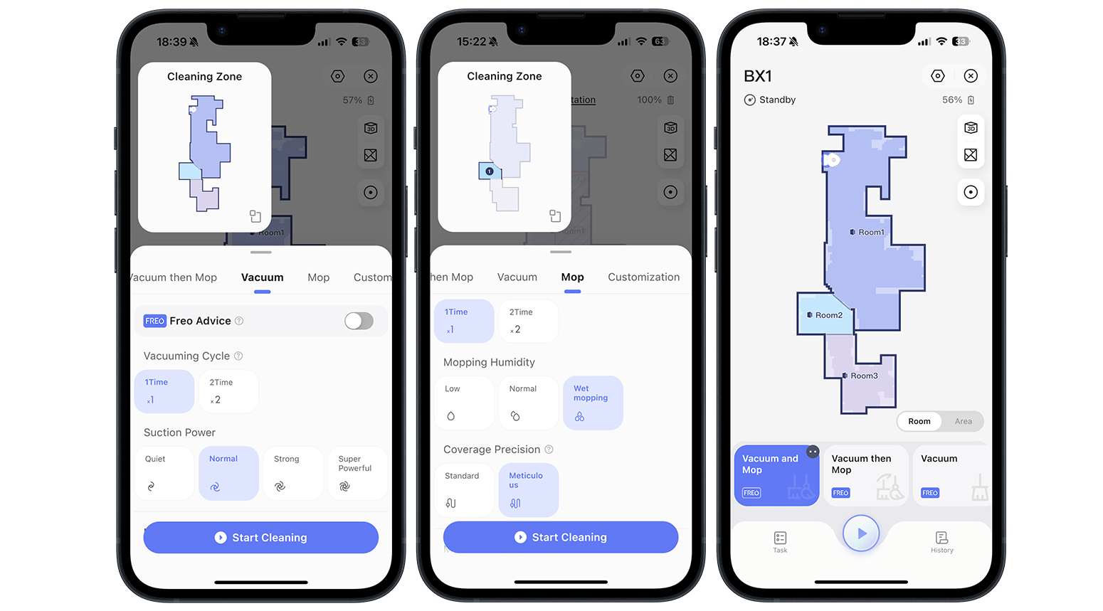 The app lets you choose from various suction levels and how precise it can move around.