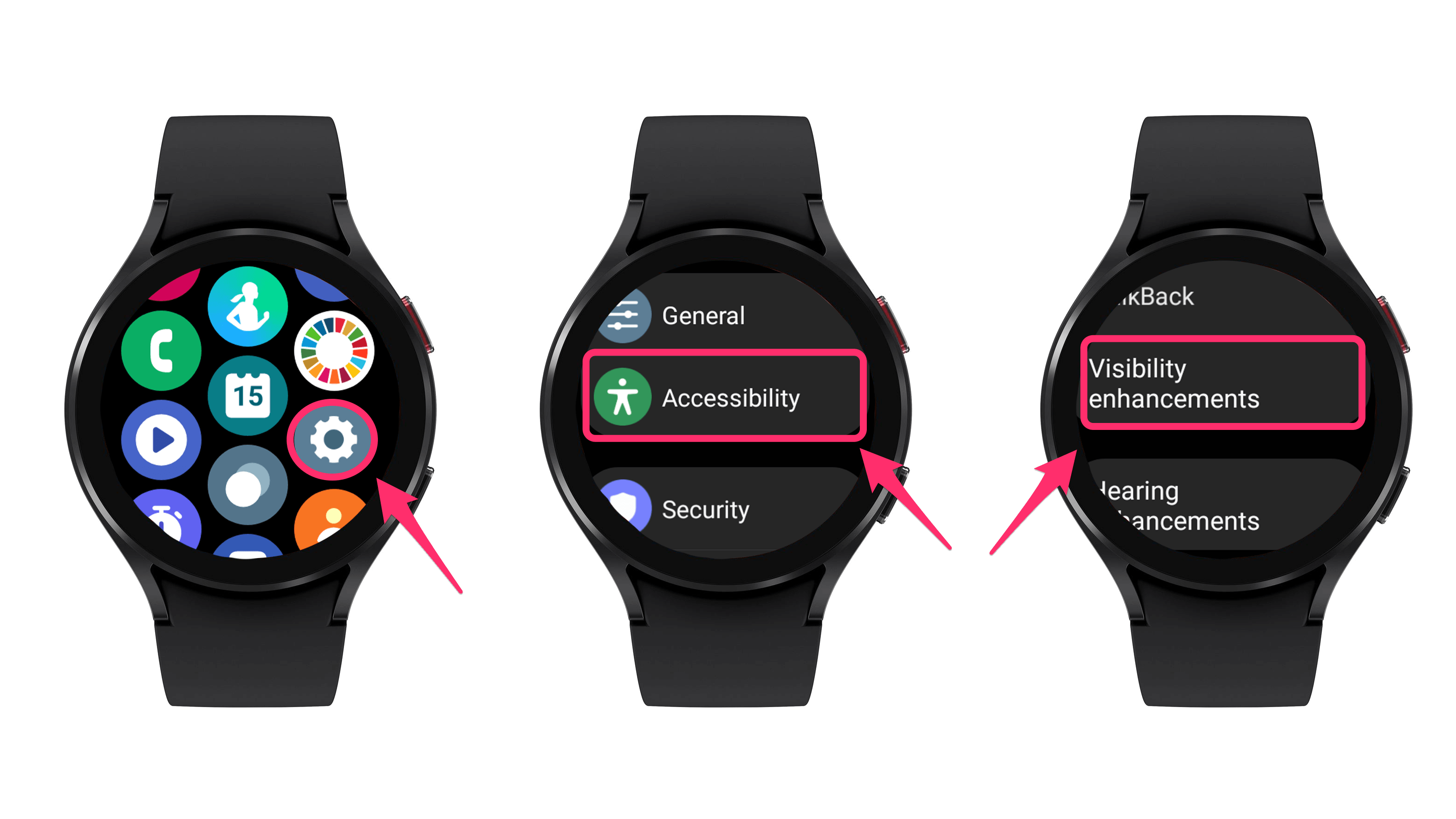 With these simple steps you can achieve all features for better display readability. Screenshots showing how to improve the display readability of the Galaxy Watch 4.