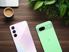 Samsung Galaxy A55 and Google Pixel 8a phones next to each other on top of a table