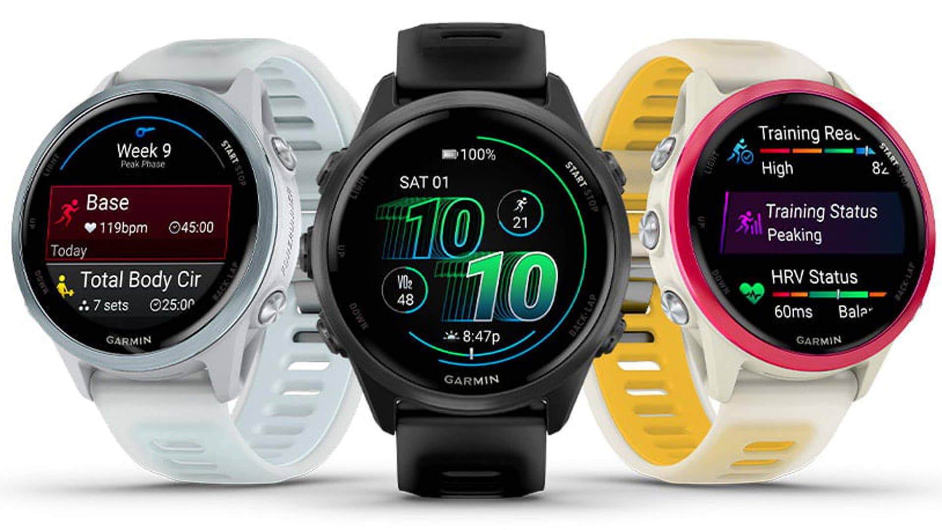 Three Garmin Forerunner 570 smartwatches displaying fitness metrics and training status. Three Garmin Forerunner 570 smartwatches displaying fitness metrics and training status.