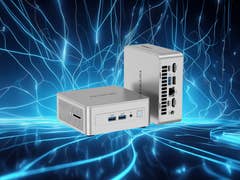 Geekom AE8 mini PC displayed against a blue abstract background, showcasing its sleek design and multiple ports.