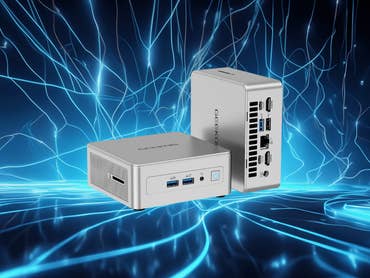 Geekom AE8 mini PC displayed against a blue abstract background, showcasing its sleek design and multiple ports.